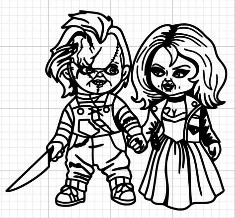 Chucky And Tiffany Drawing Outline, Chucky And Tiffany Svg, Scary Cartoon Tattoos, Bride Of Chucky Tattoo Stencil, Chucky Tattoo Outline, Chucky Flash Tattoo, Chucky Drawing Easy, Chucky And Tiffany Drawing, Chucky Sketch