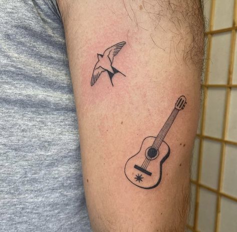 Guitar Tattoo Acoustic, While My Guitar Gently Weeps Tattoo, Guitar Small Tattoo, Cowboy Guitar Tattoo, Guitar Pick Tattoo, Small Guitar Tattoo, Simple Guitar Tattoo, Ukulele Tattoo, Acoustic Guitar Tattoo