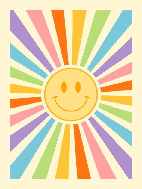 Smiley Sun, Retro Smiley Face, Calming Corner, Sun Wall Art, Living Room Nursery, Retro Sun, Preppy Wallpaper, Idul Fitri, Retro Rainbow