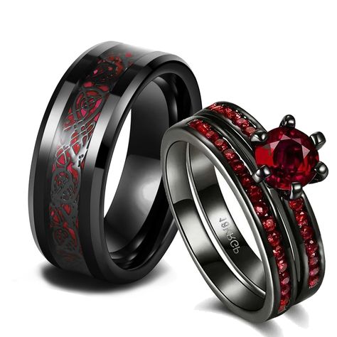 Fashion Couple Rings Romantic Red Rhinestones CZ Women Rings Set Trendy Men's Stainless Steel Celtic Dragon Ring Wedding Jewelry Womens Wedding Ring, Womens Wedding Ring Sets, Rings Red, Cz Rings, Romantic Rings, Dragon Ring, Wedding Ring Sizes, 2 Rings, Rhinestone Ring