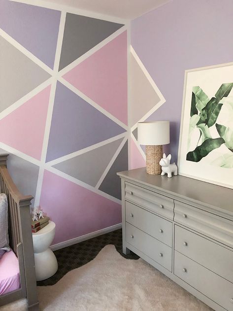 Home Decor // Geometric Accent Painted Wall – Girl’s Room | …love Maegan Cute Walls For Bedroom Paint, Painting Ideas In Bedroom, Geometric Room Design, Easy Paint Mural Ideas, Shapes On Walls Painted, Painting Girls Room Ideas, Girl Bedroom Walls Paint, Girl Room Wall Paint, Geometric Wall Paint Kids