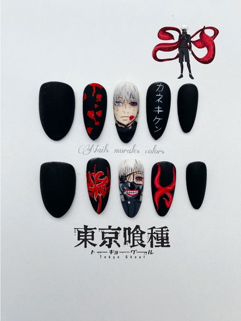 Tokyo Ghoul Nail Art, Tokyo Ghoul Inspired Nails, Tokyo Nail Art, Anime Nails Tokyo Ghoul, Tokyo Ghoul Nails Designs, Tokyo Revengers Nails, Tokyo Ghoul Nails, Anime Nail Ideas, Anime Nail Art