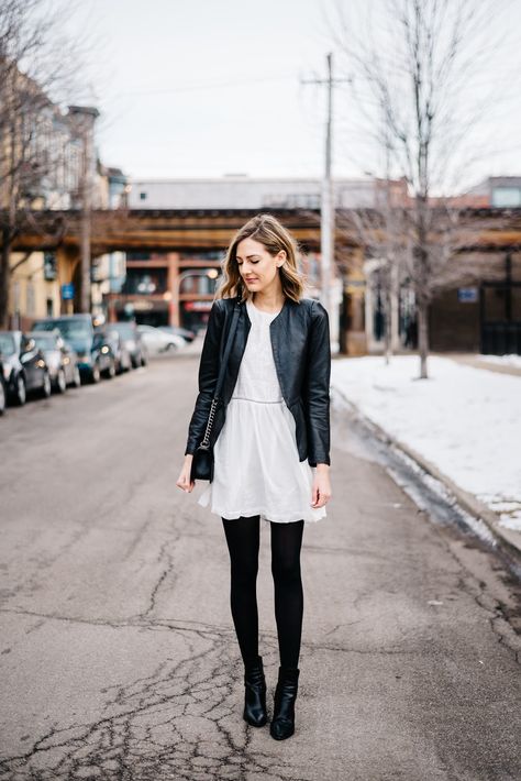 Short + Sweet (See Jane Wear) | See Jane. White Dress Black Tights, Black Tights Outfit, Short Branco, White Dress Winter, White Dress Outfit, Black And White Outfit, Boots Outfit Ankle, Bridal Shower Outfit, Boating Outfit