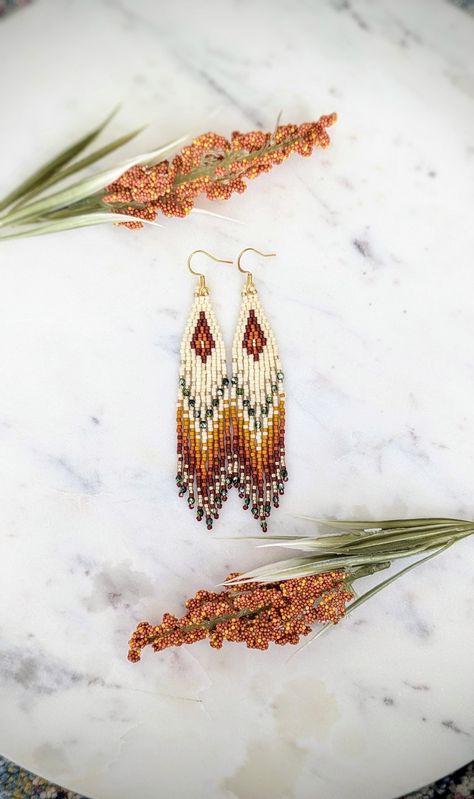 Turkey Beaded Earrings, Free Seed Bead Fringe Earring Patterns, Orange Beaded Earrings, Fringe Earring Patterns, Western Beaded Earrings, Native Earrings Beaded, Bead Earring Patterns, Seed Bead Earrings Patterns, Turkey Beads