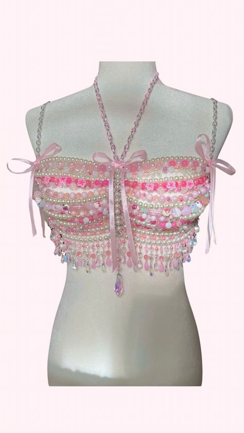 Pink pearly beaded bralette, coquette themed, body jewelry, beaded top Beaded Bralette, Diy Bralette, Beaded Bra, Pink Beaded, Jewelry Beaded, Belly Chain, Clothing Websites, Beaded Top, Bralette Tops