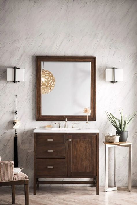 Addison 36" Single Vanity Cabinet, Mid Century Acacia Free Standing Vanity, James Martin Vanity, Beautiful Cabinet, James Martin, Barrel Hinges, Rectangular Mirror, Single Sink, Soft Close Doors, Vanity Cabinet