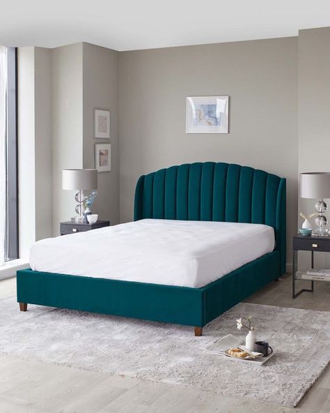 Teal Bed Bedroom Ideas, Bed Upholstery Designs, New Bed Designs 2024 Modern, Emerald Bed, Teal Bed, King Size Bed With Storage, Velvet King Size Bed, Royal Bedroom Design, Statement Bed