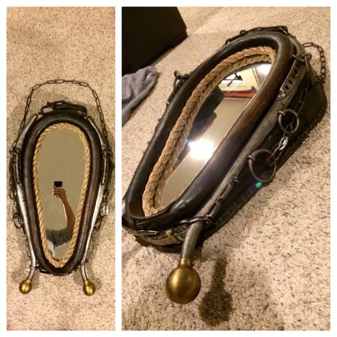 Finished product of this cool horse collar mirror. Only took 1 hour to make. #horsecollar #horsemirror #horsecollarmirror #customfabrications #fabrications #diy #mancraft #mancrafting #afab618 #equine #equestrian #fabricate #fabrications #afab618 #doityourself Western Bedroom Ideas, Horse Decorations, Horse Bedroom, Western Bedrooms, Horse Room, Horse Harness, Western Crafts, Collars Diy, Man Crafts