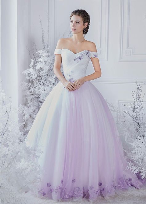 Lilac Purple Wedding Dress, White Dress With Purple Accents, Purple Accent Wedding Dress, White Wedding Dress With Purple Accents, Wisteria Wedding Dress, Wedding Dress With Purple Flowers, Fairy Bride Dress, Purple Wedding Dress The Bride Lavender, Wedding Dresses Purple And White