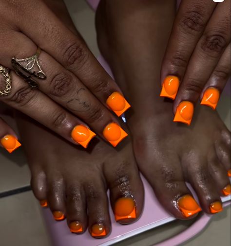 Orange Nails And Toes, Orange Acrylic Toes, Short Acrylic Nails And Toes Matching, Acrylic Nails And Toes Matching, Nails And Toes Matching Ideas, Acrylic Nails And Toes, Matching Nail And Toe Sets, Nails And Toes Matching, Spooky Sets