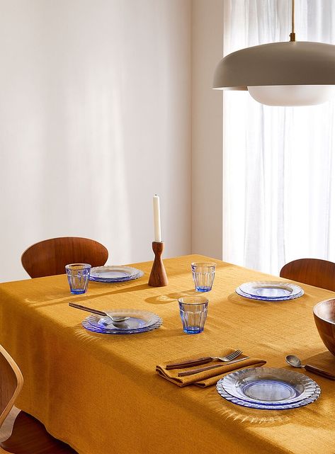 Mustard yellow textured tablecloth | Simons Maison | Printed Tablecloths | Kitchen & Dining | Simons Yellow Tablecloth, Yellow Table, Linen Bath Towels, Yellow Textures, Set The Table, Tablecloth Fabric, Fall Days, Toy Kitchen, Sans Souci