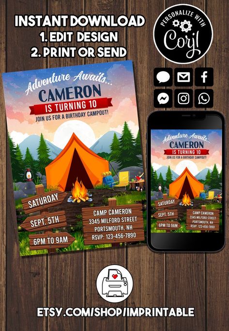 TRY BEFORE YOU BUY - FREE DEMO: https://www.corjl.com/d/51GGMI #printable #digital #download #custom #personalized #invitation #invite #evite #invitations #birthday #party #kids #boys #girls #camping #campout #sleepover #campbirthday #campoutparty #scouts #adventureawaits #invitationtemplate #smores Backyard Campout Birthday Party, Campout Birthday Party, Campout Party, Backyard Campout, Evite Invitations, Invitations Birthday, Camping Birthday, Custom Birthday, Adventure Awaits