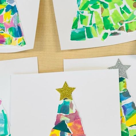 Allie Apels on Instagram: "Abstract Torn Paper Christmas Trees 🎄✨ This was a fun art project! We used kwik sticks from @kwikstixpaint to paint a piece of paper. After it dried, we tore it up and glued it on a triangular tree shape. We then glued pieces on white cardstock and added a star sticker to the top. I love the end result and how each one is so unique. Thank you, @mrsgreenartartbaby for the inspiration! 🎄✨" Torn Paper Christmas Art, Torn Paper Christmas Tree, Christmas Tree Collage Art, Tape Resist Christmas Tree, Mixed Media Christmas Tree Art, Torn Paper Fall Tree, Paper Christmas Tree, Paper Tree, Cool Art Projects