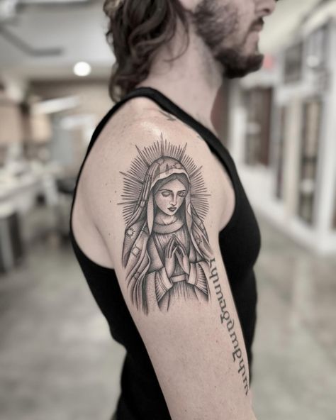 Virgin Mary for Christian. Thank you! . . . #virginmary #virginmarytattoo #finelinetattoo #bishopwand #magicmoontattooneedles #magicmoontattoosupply #tattoo #herzdame #comfortcarts #fullcircletattoo #sandiego #sdtattoo #sdtattooartist #finelinetattoos #blackandgreytattoo #stippling #stippletattoo Virgin Mary Tattoo For Women Shoulder, Our Lady Of Guadalupe Tattoo Traditional, Virgin Mary Tattoo For Women Sleeve, Virgin Mary Arm Tattoo, Virgencita Tattoo Women, Mary Arm Tattoo, Virgin Mary Tattoo For Women Arm, Spanish Tattoos Men, Virgen De Guadalupe Tattoo Ideas Women