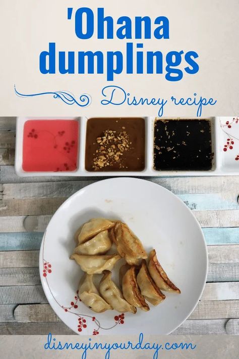 Ohana dumplings recipe - recreate some of your favorite Ohana dishes at home, like this easy Disney recipe for the Ohana dumplings! Served with 3 delicious dipping sauces - sweet and sour sauce, ginger garlic sauce, and peanut sauce. Disney in your Day #disneyrecipes #ohana #ohanadumplings #dumplingsrecipe #disneyfood Ohana Potstickers Recipe, Potstickers Recipe, Copycat Food, Disney Dishes, Disney Inspired Food, Cooking Pork, Themed Recipes, Dinner Favorites, Sweet And Sour Sauces