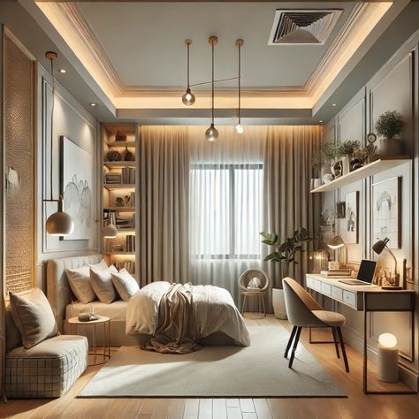 Soft tones and functional elegance – a bedroom designed for rest and inspiration. Bedroom Office Combo Layout, Bedroom Office Combo, Library Bedroom, Study Table Designs, Bedroom Office, Beautiful Homes, Bedroom Design, Bedroom Decor, Layout