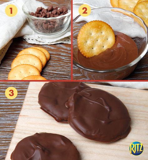 You can make your own fudge covered RITZ in three easy steps! Just melt chocolate, dip in RITZ and leave in the fridge overnight. Fudge Covered Ritz Crackers, Chocolate Covered Ritz Crackers Recipe, Ritz Dipped In Chocolate, Fast Christmas Desserts, Chocolate Covered Ritz Crackers, Ritz Appetizers, Ritz Recipes, Bake Snacks, Daycare Meals