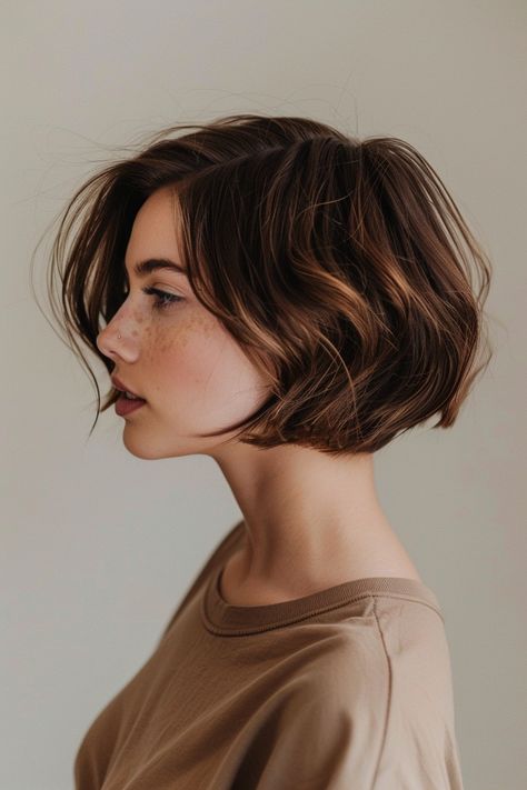 Short Hairstyle Dark Hair, Brown Hair Colors Short Hair Brunettes, French Bob Haircut With Curtain Bangs, Bob Hairstyles With Bangs Round Face, Short Rachel Haircut, Kate Winslet Short Hair, Chestnut Bob Hair, Cute Short Bob Haircuts, Chic French Bob