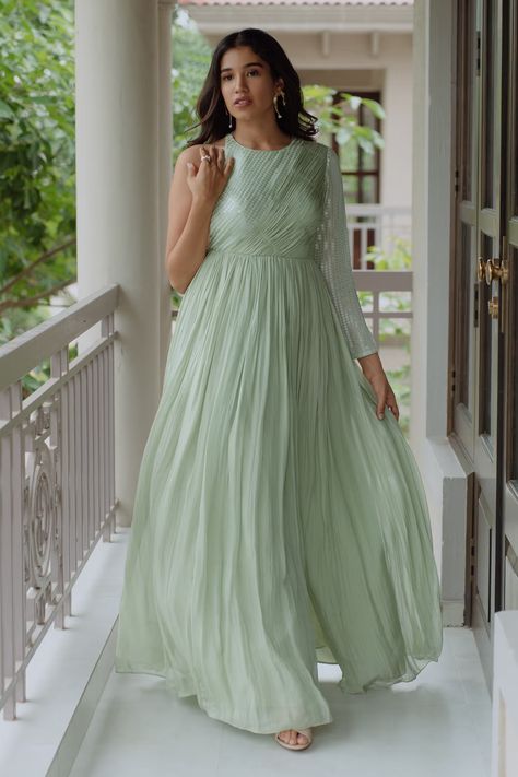 Buy Pinup By Astha Green Flat Chiffon Lyssa Sequin Gown Online | Aza Fashions Mint Green Gown, Bridal Maid Dress, Pastel Mint Green, Gown For Women, Green Flats, Half Saree Designs, Green Gown, Pastel Mint, Ladies Gown