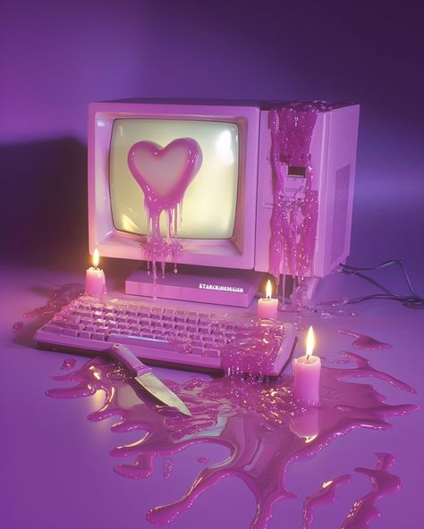 Computer love 🕯️💻⌨️💘🔪 Technological sacrifice//digital ritual What started this, you ask? A vision of a knife stabbing a computer screen.😆 Surprisingly, NOT in part because I’m mad at my computer.. I think I have true crime brain. If you know, you know. Happy hump day!💗 Xo, Heather . . . #pinkaesthetic #glitteraesthetic #glitterartist #pinkvibes #pinkaesthetics #retrocomputer #meltingart #digitalritual #retrocomputers Cybercore Pink Aesthetic, Pink Hot Aesthetic, Pink Chainsaw, Love Core Aesthetic, Bougie Aesthetic, Girly Graphic Design, Pink Y2k Aesthetic, Love Core, Computer Aesthetic