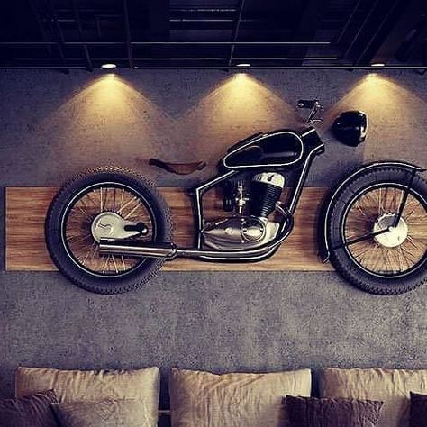 Bike In Bedroom, Motorcycle Bedroom, Houses Interior, Bedroom Renovation, Motor Bike, Modern Houses Interior, Modern Houses, Classic Bikes, Boy's Room