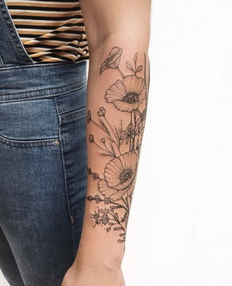 Fineline Floral Sleeve Tattoo, Birth Flowers Forearm Tattoo, Flower Lower Arm Tattoo Half Sleeves, Forarm Flower Tattoos Woman, Poppy Half Sleeve Tattoo, Dainty Floral Half Sleeve Tattoo, Garden Half Sleeve Tattoo, Wildflower Tattoo Drawing, Wildflower Arm Tattoo Half Sleeves