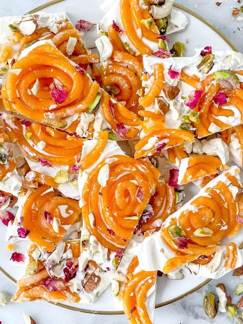 White Chocolate Jalebi Bark - Sweet Simple Masala Easy Indian Dessert, Diwali Sweets Recipe, Tea Cake Cookies, White Chocolate Bark, Diwali Sweets, Diwali Food, Sweet Meat, Indian Dessert Recipes, Indian Sweet