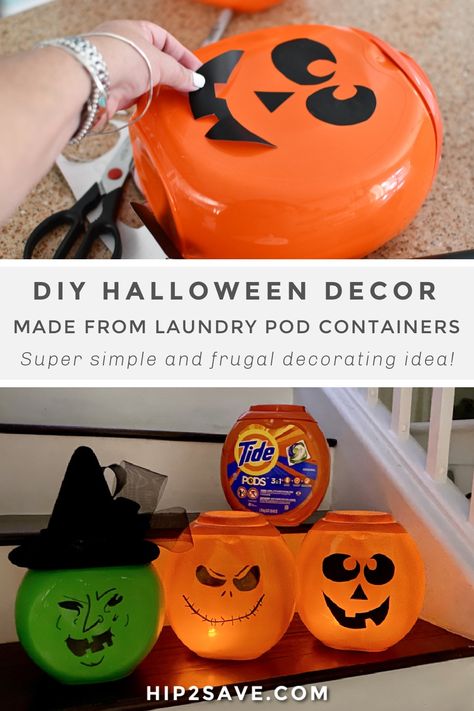 Instead of tossing those round-shaped Tide & Gain laundry pod containers, consider turning them into cute DIY Halloween decorations on the cheap! #diy #diyproject #diyhalloweendecorations #halloween #halloweendecor #halloweendiy Tide Pod Container Pumpkins Diy, Tide Pods Pumpkin, Recycled Pod Containers, Diy Tide Pod Pumpkin, Upcycle Laundry Pod Containers, Laundry Detergent Pumpkin, Tide Pod Container Ideas, Halloween Decorations Using Tide Pod Containers, Pumpkin From Tide Container