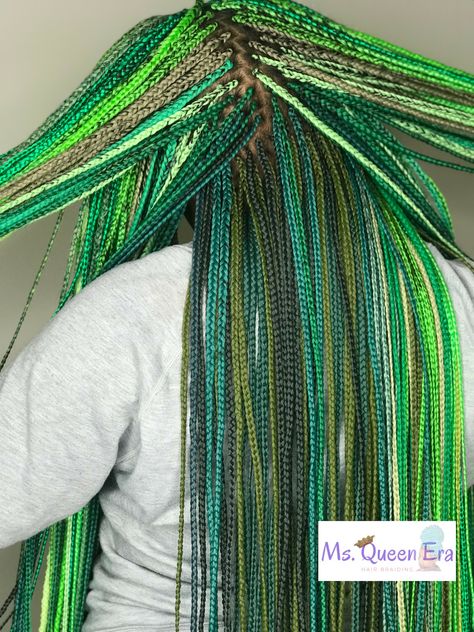 Blonde And Green Box Braids, Green And Brown Box Braids, Blue And Green Braids For Black Women, Green Hair Styles For Black Women, Red And Green Box Braids, Neon Box Braids, Green And Yellow Braids, Forest Green Braids, Blue And Green Box Braids