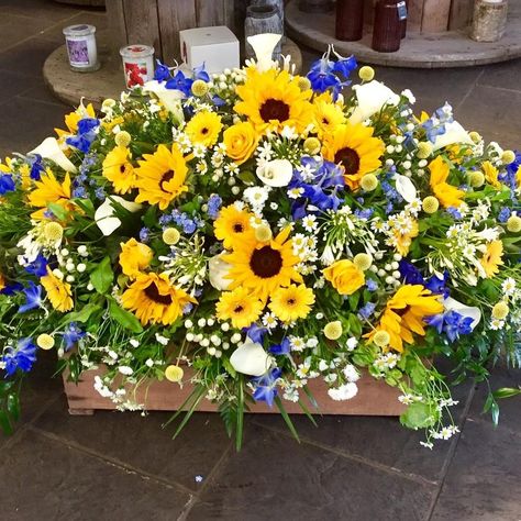 Cowboy Casket Spray, Casket Flowers Arrangements For Men, Casket Spray With Sunflowers, Sunflower Headstone Saddle, Woodsy Casket Spray, Wild Flower Casket Spray, Casket Sprays, Cemetery Flowers, Memorial Flowers