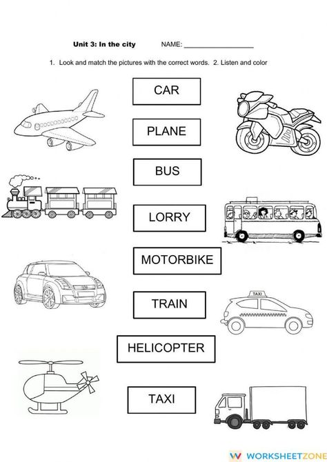 Transportation Worksheet, Transportation For Kids, Matching Worksheets, The Worksheet, English Phonics, 2nd Grade Worksheets, 1st Grade Worksheets, English Activities, Vocabulary Worksheets