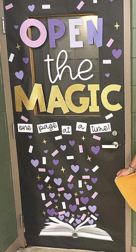 Reading Is Magic Door Display, Books Door Decorations, Interactive Reading Bulletin Boards Elementary, Space Themed Reading Bulletin Boards, Magic Themed Classroom Door, Books Bulletin Board Ideas, School Door Decorations Book Theme, Reading Classroom Door Decorations, Library Display Board Ideas