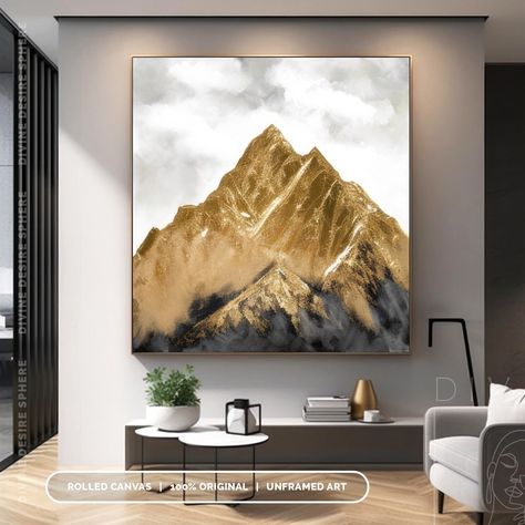 Unique Golden Mountain Acrylic Painting On Canvas, Original Handmade Mountain Artwork With Gold Leaf, Gold Foil Landscape For Modern Home Presenting a striking Abstract Golden Mountain painting, handcrafted using professional-grade acrylic paints. The canvas radiates with a beautiful blend of gold, mineral green, and dark grey. This textured painting featuring a gold foil landscape, breathes life into any room with its dynamic visuals. Be it your bedroom, living room, or office, this artwork act Mountain Acrylic Painting, Dark Green Rooms, Large Wall Paintings, Golden Mountain, Mineral Green, Mountain Artwork, Mountain Painting, Canvas Portrait, Golden Painting