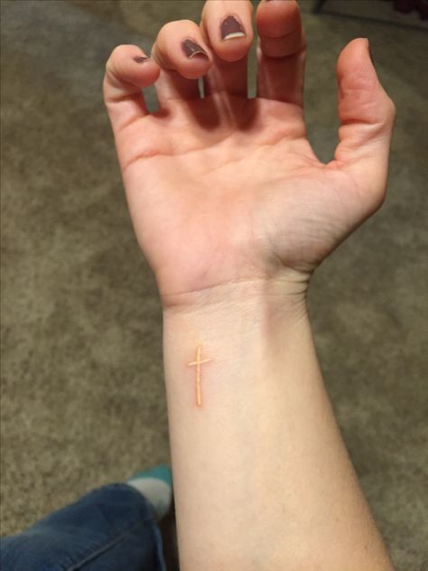 White Ink Cross Tattoo, Cross Tattoo Wrist, Tattoo God, Cross Tattoo On Wrist, Stick Poke Tattoo, White Tattoos, Cute Tats, Tattoo Wrist, Faith Tattoo