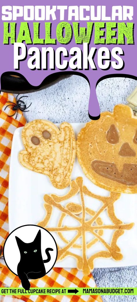 Are you looking for a festive and easy breakfast recipe? Look no further than these Halloween pancakes! They are easy to make and taste amazing! Halloween Pancakes, Shaped Pancakes, Jack O Latern, Halloween Breakfast, Easy Breakfast Recipe, Pumpkin Stem, Pancake Mix, Spider Webs, Pancake Batter