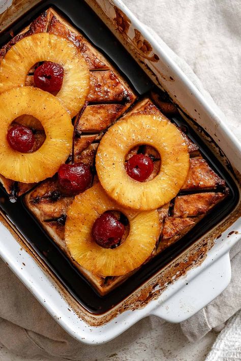 This Pineapple Glazed Tofu Ham is amazing! It's a great centerpiece to add to your holiday table.  It's sweet, savory, and so delicious! Plus, it will look pretty on your table too! Tofu Ham, Pineapple Marinade, Fruits With Protein, Pineapple Glazed Ham, Glazed Tofu, Vegan Dinner Rolls, Holiday Ham Recipes, Pineapple Glaze, Cherry Topping