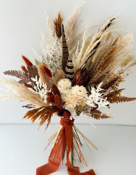 Terracotta Rust Pheasant Feather Bouquet/ Bride and Bridesmaids/ Dried Flower Bouquet/ Wedding Flowers - Etsy Dried Flower Bouquet Wedding, Feather Bouquet, Rusting Wedding, Western Themed Wedding, Bouquet Bride, Pheasant Feather, Boho Wedding Bouquet, Bride And Bridesmaids, Rustic Bouquet