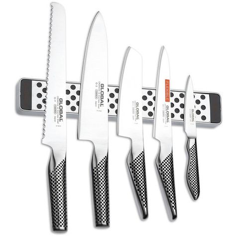 Global 6 Piece Knife Set with Magnetic Rack ($552) ❤ liked on Polyvore featuring home, kitchen & dining, cutlery, metallic, handmade knives, global chef knives, global cutlery, magnetic knife bar and stainless steel magnetic knife holder Modern Japanese Design, Ceramic Knife Set, Global Knives, Best Chefs Knife, Ceramic Knife, Knife Block Set, Knife Set Kitchen, Magnetic Wall, Paring Knife