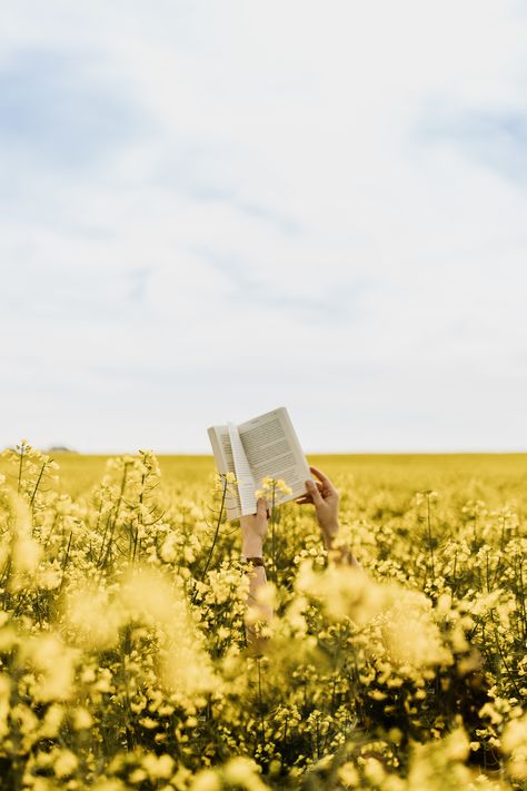 Outdoor Reading Photoshoot, Reading Nature Aesthetic, Creative Field Photoshoot, Reading Outdoors Aesthetic, Book Aesthetic Landscape, Spring Book Aesthetic, Girl In Field Aesthetic, Canola Field Photoshoot, Book Summer Aesthetic