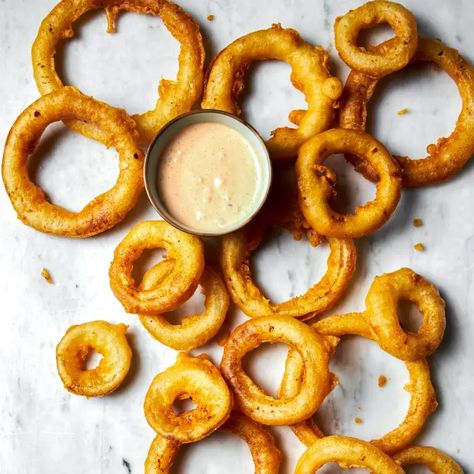 Beer-Battered Onion Rings with Jalapeño Dipping Sauce | Cook's Illustrated Recipe Jalapeno Dipping Sauce, Battered Onion Rings, Jelly Gummies, Beer Battered Onion Rings, Cooks Illustrated Recipes, Donut Toppings, Jalapeno Dip, Caramel Chocolate Bar, Illustrated Recipe