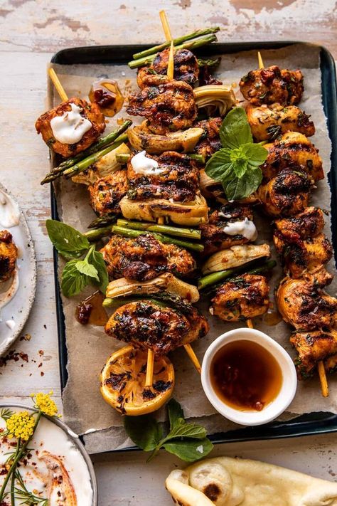 Lemon Chicken Skewers with Creamy Feta Sauce | halfbakedharvest.com Half Baked Harvest Party Food, Half Baked Harvest Chicken Skewers, Half Baked Harvest Dinner Recipes, Half Baked Harvest Dinner, Harvest Dinner Recipes, Baked Skewers, Baked Chicken Skewers, Half Baked Harvest Chicken, Creamy Feta Sauce