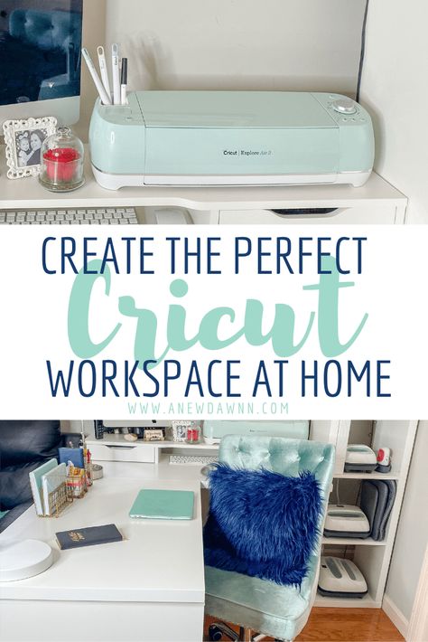 How To Organize Your Cricut Space, Cricut Business Office, Cricket Desk Ideas, Circuit Desk Set Up, Cricut Workstation Ideas, Cricut Craft Space, Cricut Desk Organization, Desk For Cricut Machine, Cricut Work Space