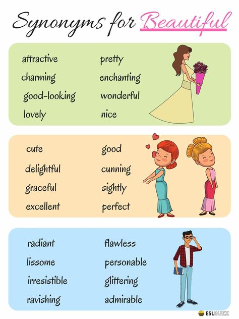 Synonyms for Beautiful - There are many words to use instead of Beautiful ... Ways To Say Beautiful, Other Ways To Say, Interesting English Words, Good Vocabulary Words, Good Vocabulary, English Writing Skills, Vocabulary Activities, Words To Use, Grammar And Vocabulary