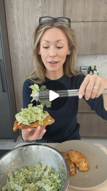 Sarah Thomas on Instagram: "Who needs a plate for Caesar Salad when you can use a crispy Chicken Cutlet instead…  . Two of my favorite recipes piled high into one delicious meal! It honestly doesn’t get much better than this…. I feel like this would be @itsbennyblanco approved! . The air fryer chicken cutlets are crispy on the outside and super juicy in the center. Piled high with my homemade yogurt Caesar Salad with grated eggs for extra protein of course!  .  LMK if you give this recipe a try! Google Search “Healthyish Caesar Salad Chicken Cutlets” or click the link in my bio to grab the full recipe.   #salad #chicken #cutlet #italian #italianfood #protein #caesarsalad #mealprep #tiktok #viralfood #healthyrecipes" Chicken Cutlet Ceaser Salad, Chicken Cutlet Salad, Caesar Chicken Salad, Caesar Salad Chicken, Air Fryer Chicken Cutlets, Protein Ideas, Breaded Chicken Cutlets, Chicken Cutlet, Salad Chicken