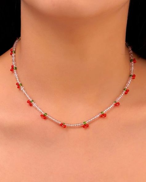 Cherry Beaded Necklace, Cherry Jewelry, Cherry Necklace, Beading Jewelery, Necklace Necklace, Necklace Handmade, Bead Crafts, Bead Necklace, Dm Me