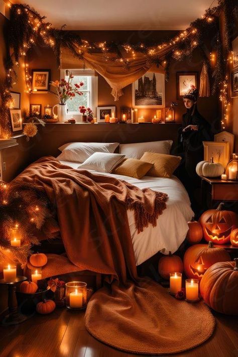 Discover design for cozy and stylish Halloween-themed bedroom. Get tips on choosing themes, colors, decorations, and adding personal touches. Spooky Bedroom Ideas, Spooky Bedroom Aesthetic, Halloween Room Ideas Bedrooms, Spooky Room Aesthetic, Autumnal Bedroom, Autumn Apartment, Fall Astethic, Halloween Astethic, Halloween Themed Bedroom