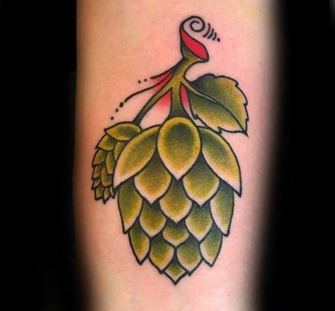 Cool Male Beer Hops Traditional Tattoo Designs Flower Traditional Tattoo, Bacon Tattoo, Beer Tattoo, Hop Tattoo, Traditional Tattoo Man, Beer Tattoos, Hop Flower, Fruit Tattoo, Traditional Tattoo Design