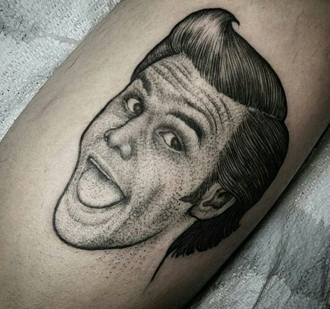 Jim Carrey portrait? I think yes Jim Carrey Tattoo, Jim Carrey Portrait, Tv Tattoo, Ace Ventura, Jim Carrey, Back Tattoos, S Tattoo, Back Tattoo, Tattoo Style