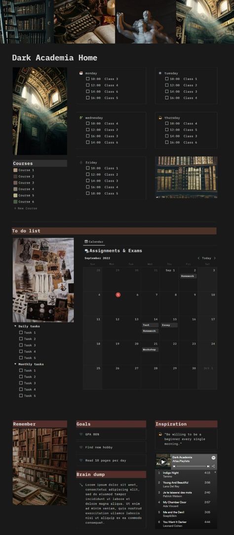 Notion Template Ideas: Student Planners for D Notion Template Ideas Dark, Aesthetic School Planner, Notion Template Planner, Notion Template Ideas, Dark Academia Goth, Dark Academia Home, Weekly Planner Free, Daily Weekly Planner, Planner Minimalist