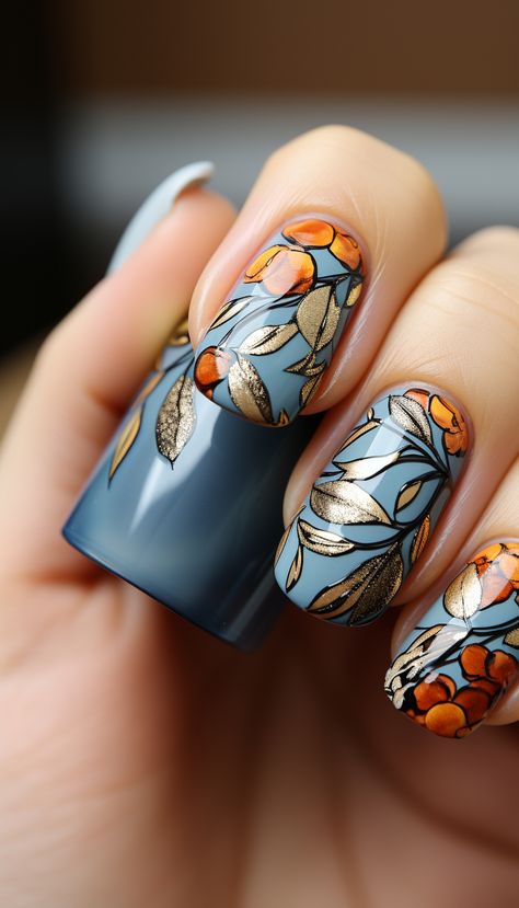 autumn nails Blue Pumpkin Nails Fall, Blue Autumn Nails, Blue Fall Nails Designs, Fall Leaves Nail Art, Summer Toes, Pumpkin Nails, Blue Pumpkins, Autumn Nails, Fall Nail Designs